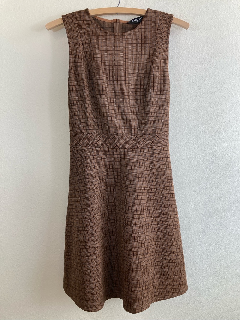 Allegra K Brown Houndstooth Plaid Sleeveless A-Line Dress Size XS